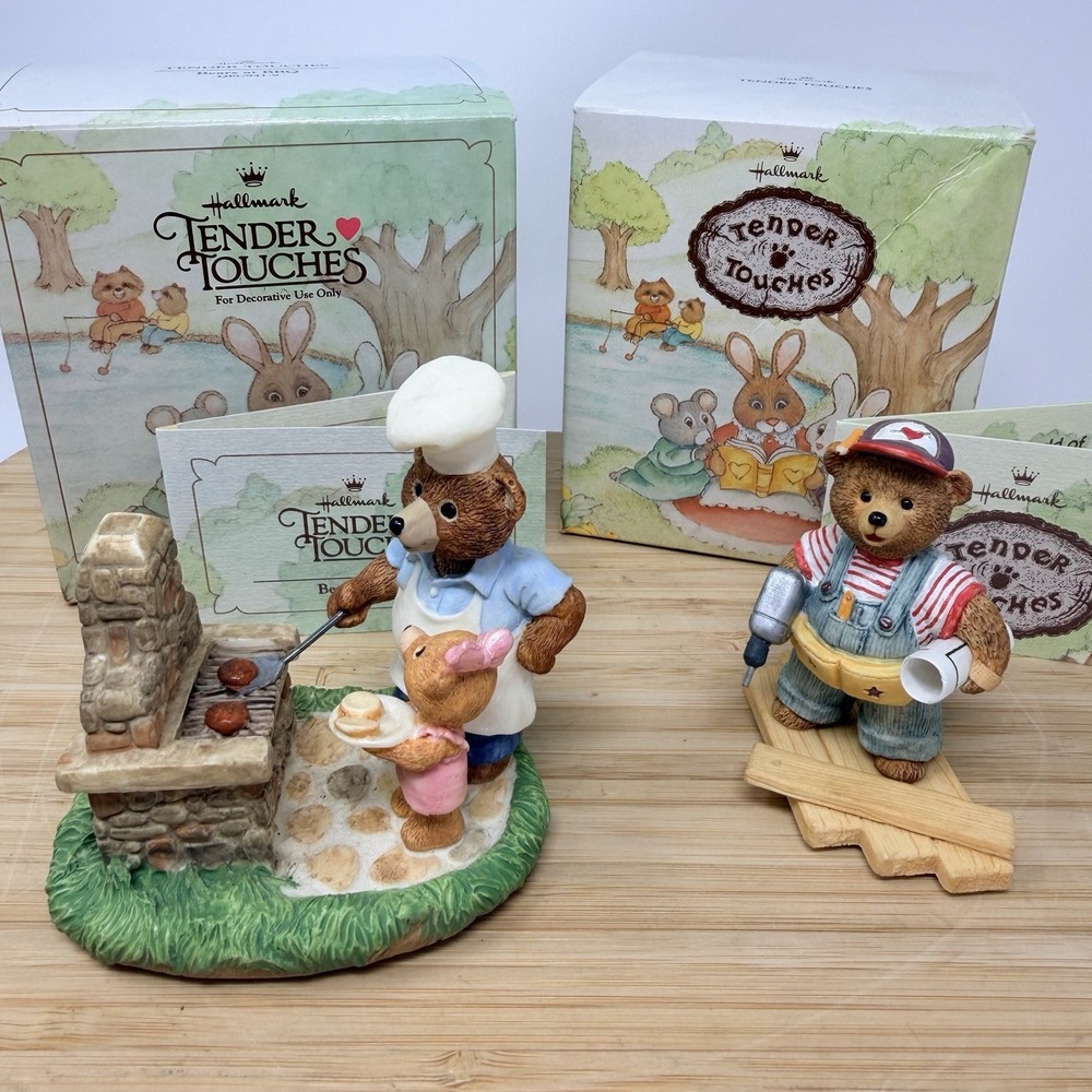 Hallmark Tender Touches Bears Lot Of 2 Mr Repair & BBQ Fathers Vintage Figurines
